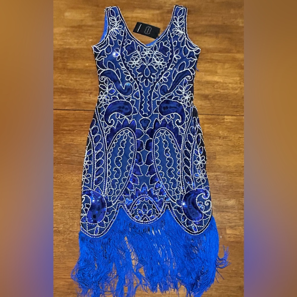 Fundaisy Beaded Royal Blue Flapper Fringe Dress